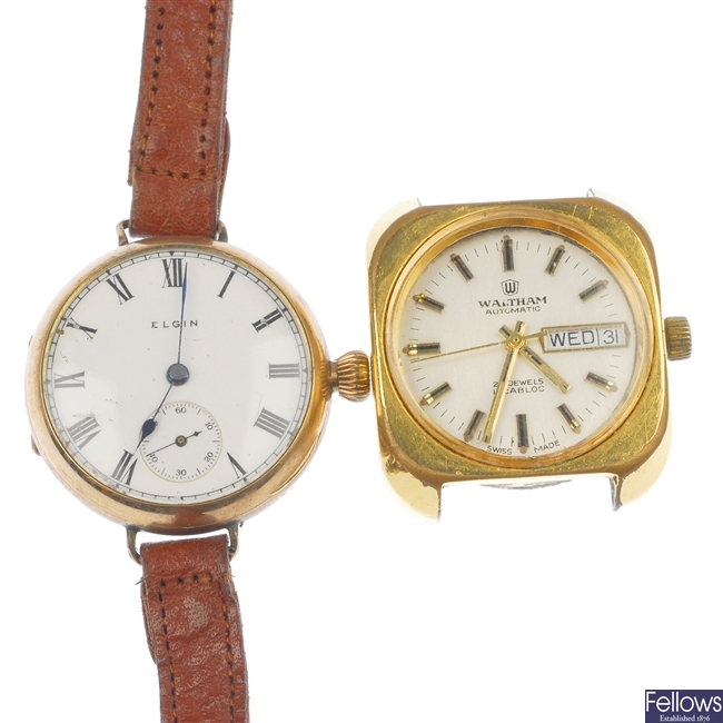 A golled filled Elgin wrist watch together with a Waltham watch head.