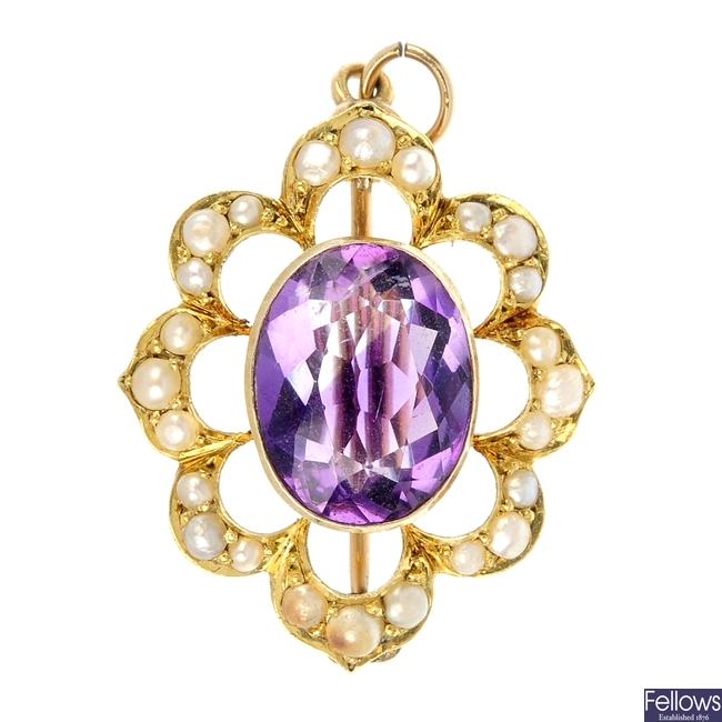 An early 20th century 9ct gold amethyst and seed pearl brooch.