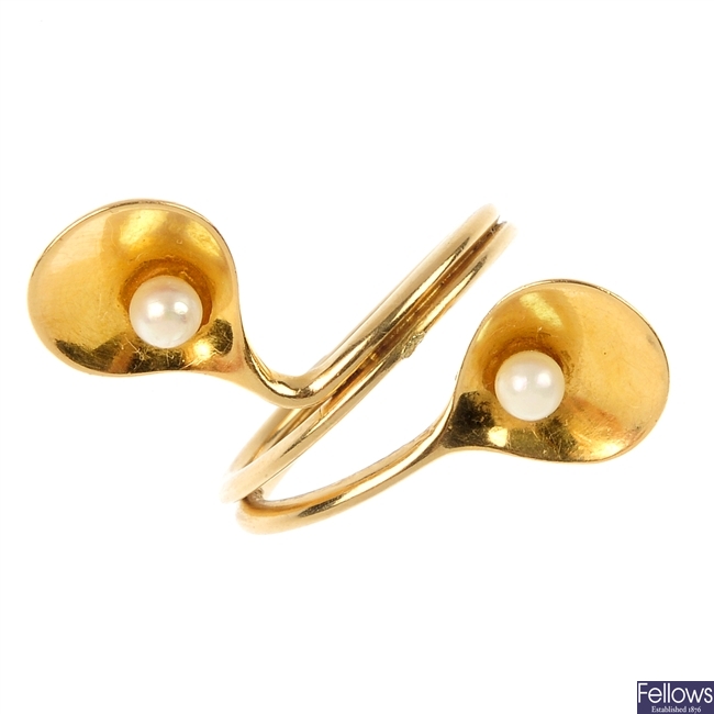 GEORG JENSEN - a 1960s 18ct gold seed pearl ring.