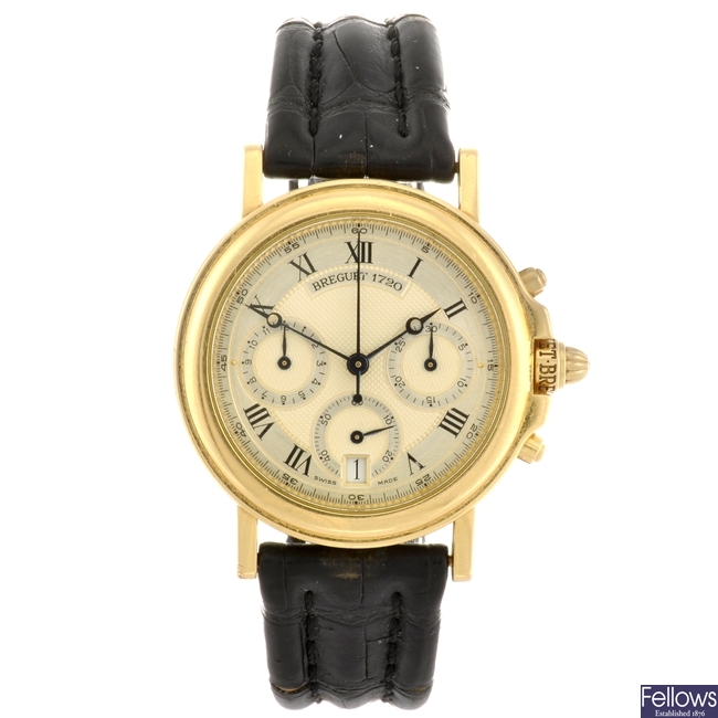 An 18k gold automatic chronograph gentleman's Breguet wrist watch.