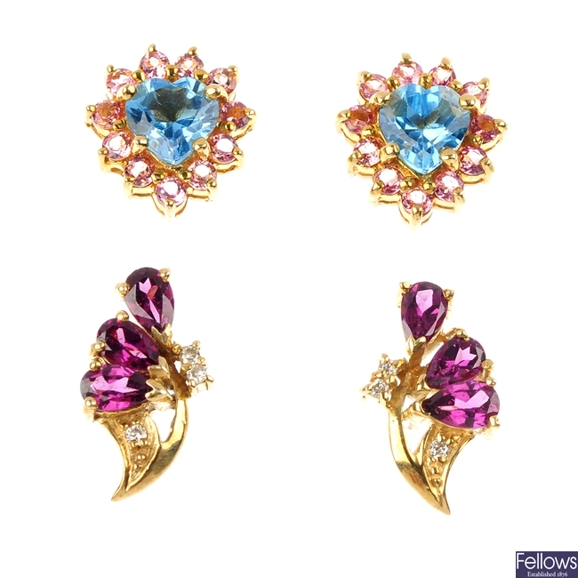 Two pairs of 9ct gold gem-set ear studs. 
