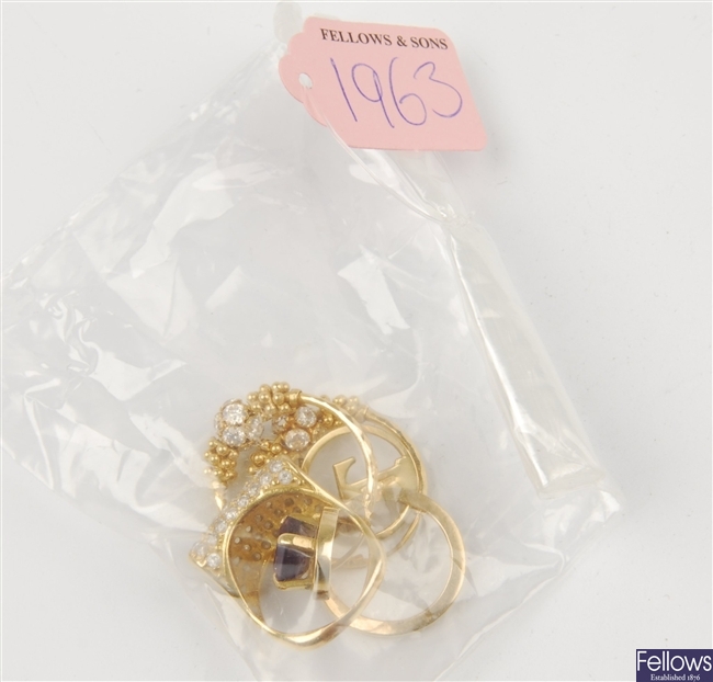 (116192694) 22ct hoop earrings, 18ct pendant, two assorted rings