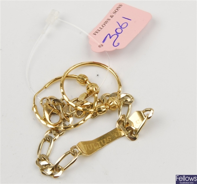 (917005062) 18ct identity bracelet, 22ct hoop earrings