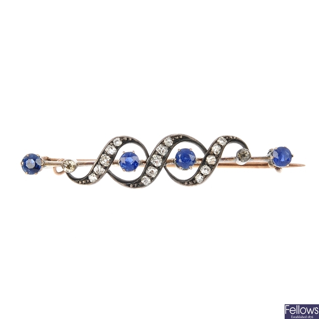 A late 19th century silver and gold sapphire and diamond bar brooch. 
