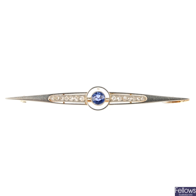An early 20th century 15ct gold sapphire and diamond bar brooch.