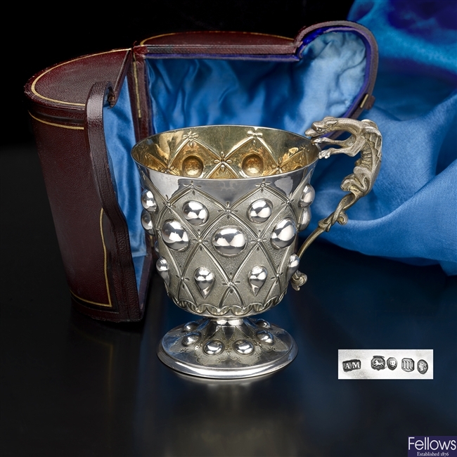 A Victorian cased silver christening mug by Alexander Macrae.