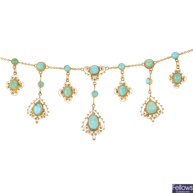 A set of early 20th century 12ct gold turquoise jewellery.