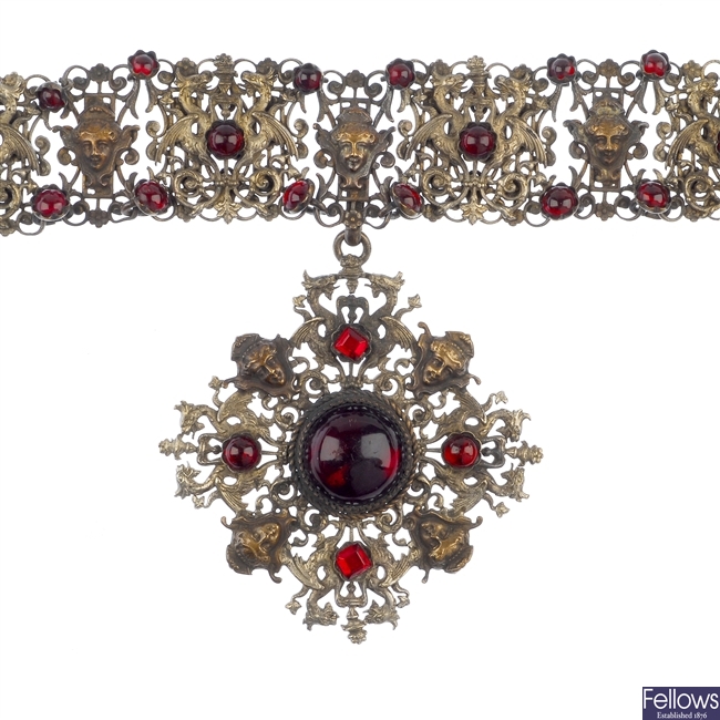 A late 19th century Austro-Hungarian necklace set with red paste cabochons. AF.