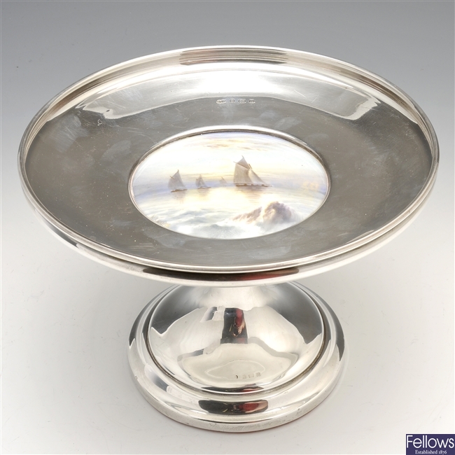 An early twentieth century silver comport with Royal Worcester plaque.