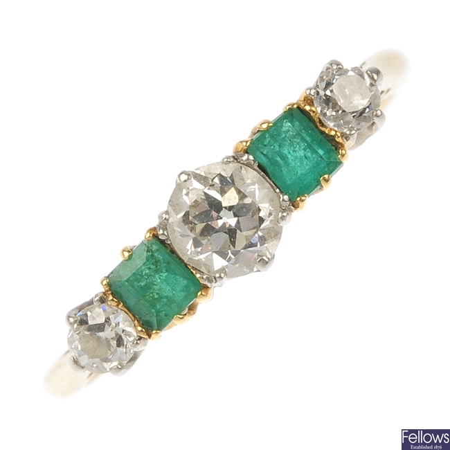An 18ct gold emerald and diamond five-stone ring.