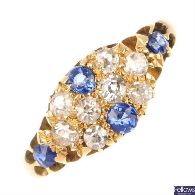A late 19th century 18ct gold diamond and sapphire ring.