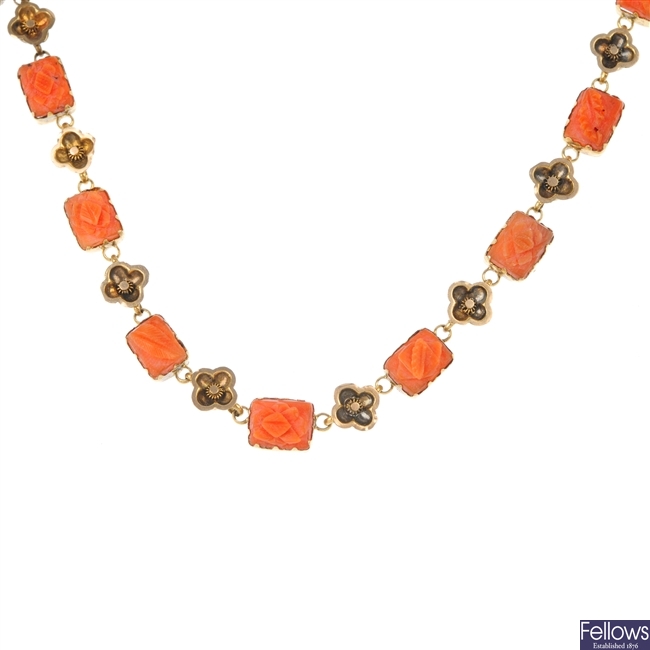 A late 19th century 18ct gold coral necklace.  