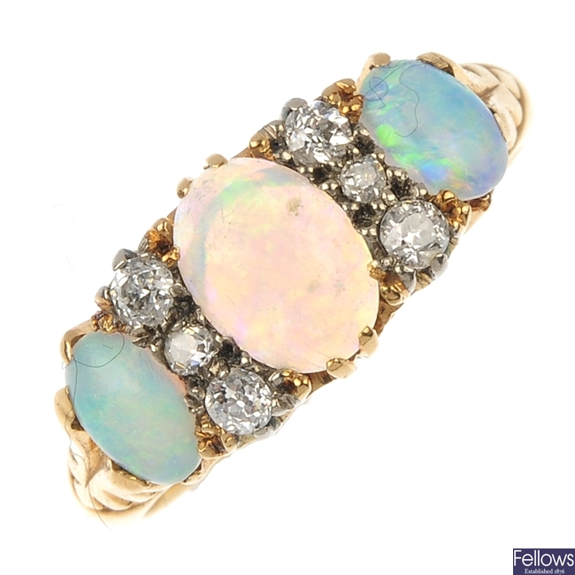 A late 19th century 18ct gold opal and diamond ring. 