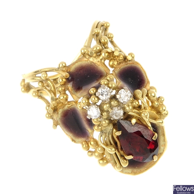 A 1970s 18ct gold enamel and gem-set floral ring.