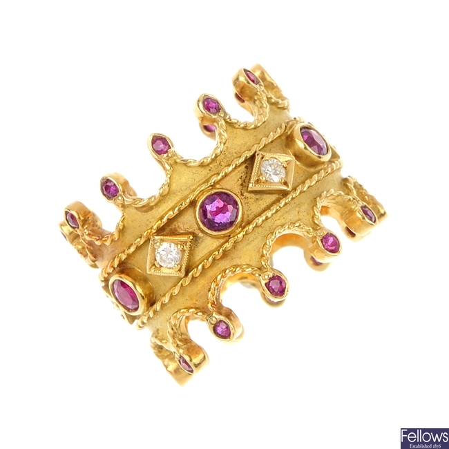 A 1970s 18ct gold ruby and diamond novelty ring.