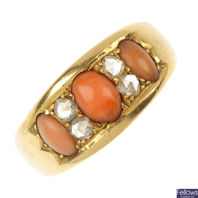 A late 19th century 18ct gold coral and diamond dress ring.