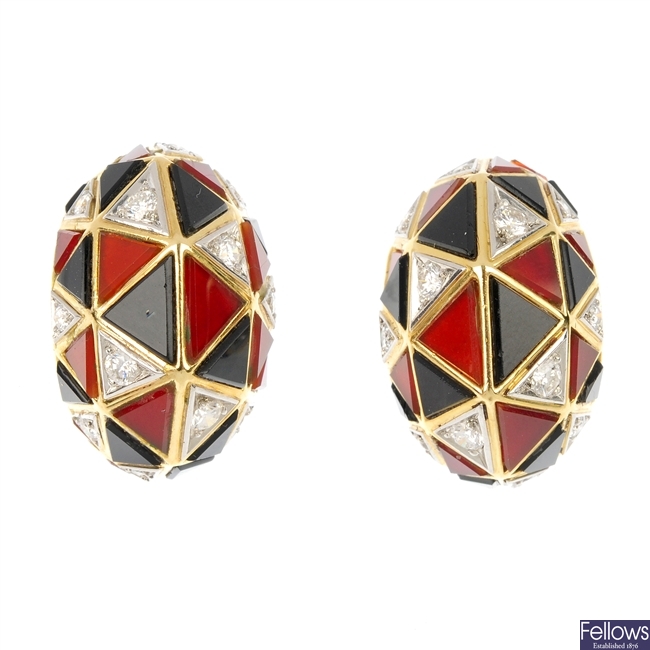 A pair of 14ct gold diamond, carnelian and onyx earrings.