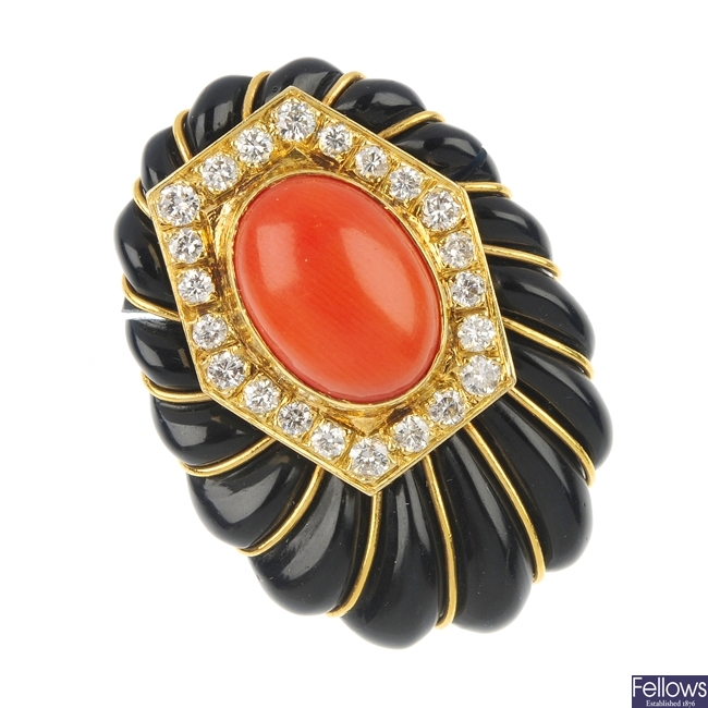 A Retro 18ct gold coral, diamond and onyx dress ring.