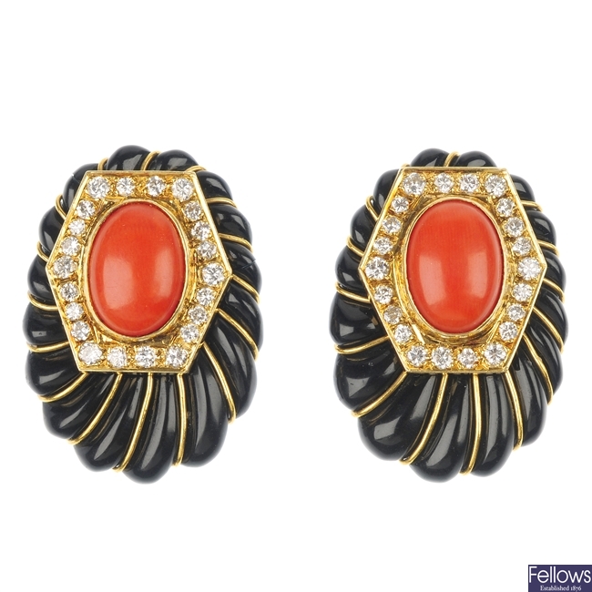 A pair of Retro 18ct gold coral, diamond and onyx ear clips.