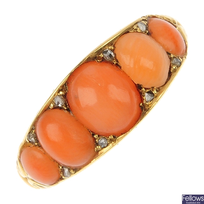 A late 19th century 18ct gold coral and diamond ring.
