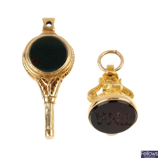 Two 9ct gold hardstone fobs.