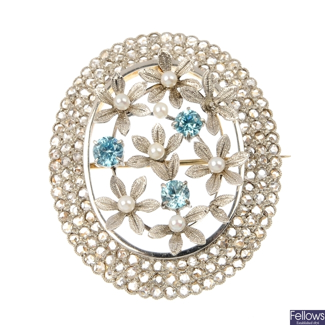 A mid 20th century diamond, zircon and seed pearl floral brooch.