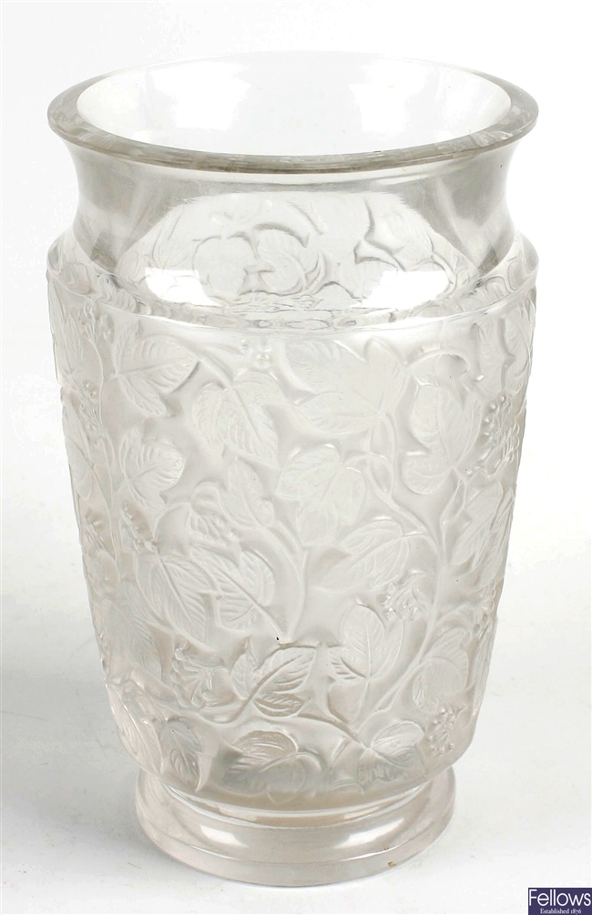 A good lalique frosted and moulded glass vase of ovoid tapered design