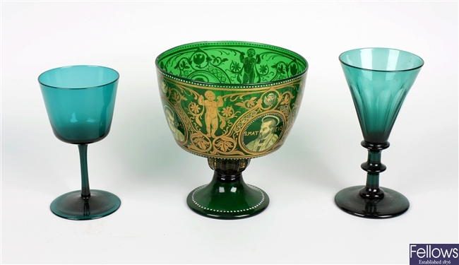 A collection of 19th century green glassware