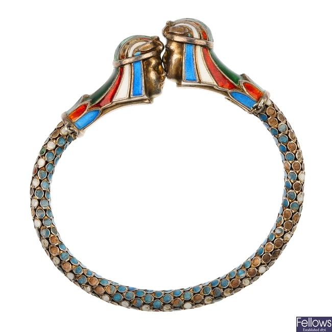 An early 20th century Egyptian revival silver and enamel cuff.