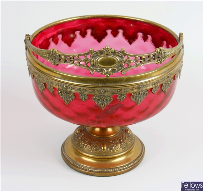 Cranberry glass pedestal baskets