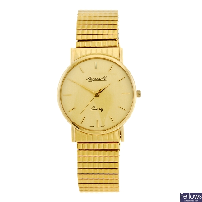 (947000904) A 9ct gold quartz gentleman's Ingersoll bracelet watch.