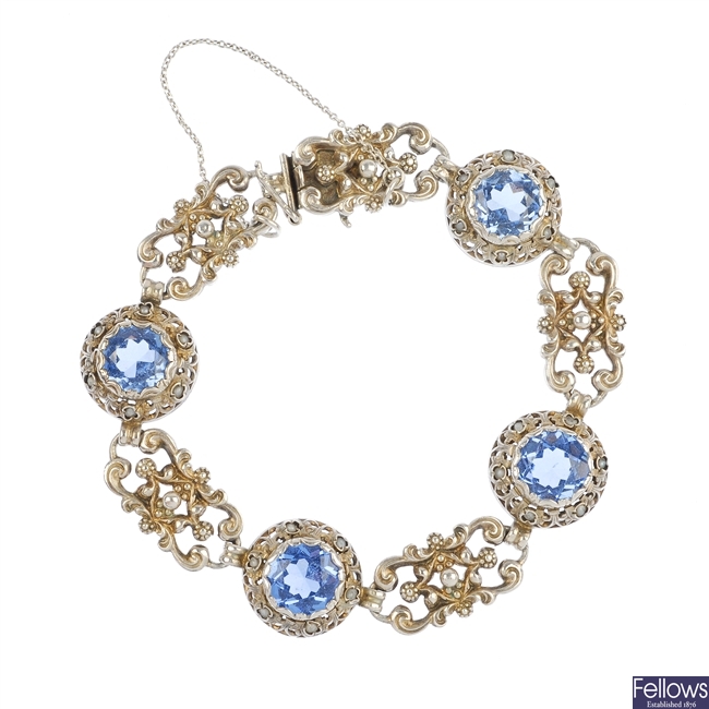 A selection of paste and marcasite jewellery to include a blue spinel bracelet.