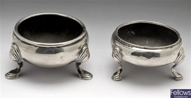 Two George II silver open salts.