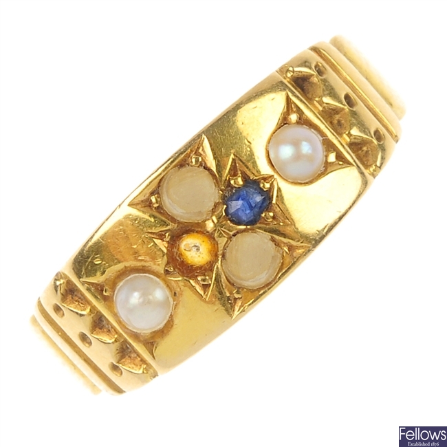 A late Victorian 18ct gold sapphire and split pearl dress ring. 