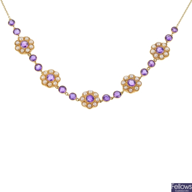 A mid 20th century amethyst and cultured pearl necklace.