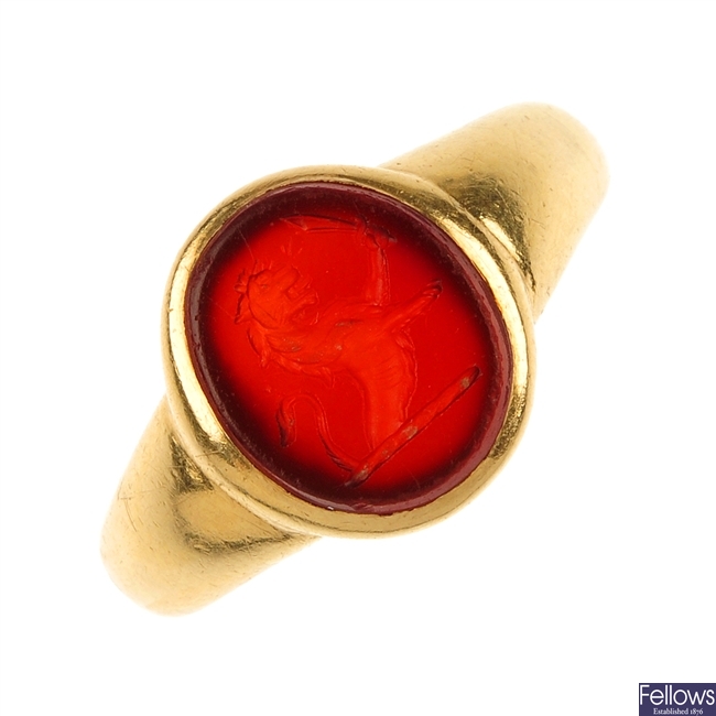 A late 19th century 18ct gold carnelian seal ring.