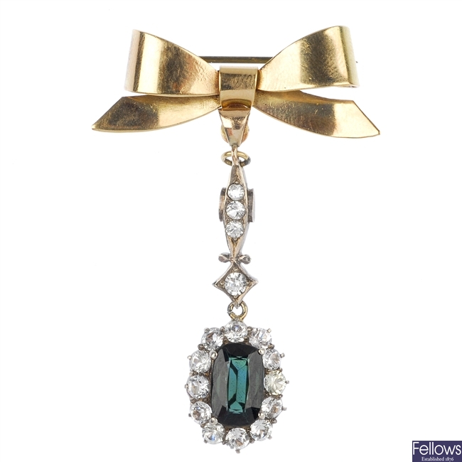 A mid 20th century tourmaline and colourless-gem brooch.