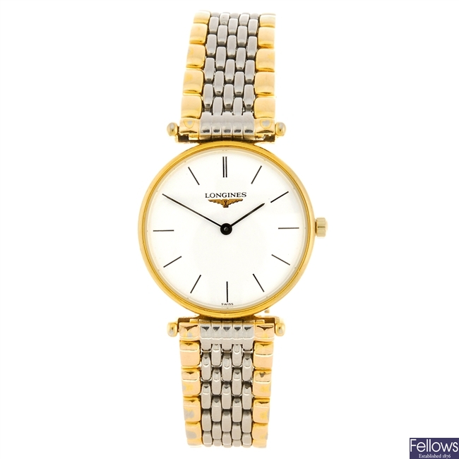 A bi-colour quartz lady's Longines La Grande Classique bracelet watch.