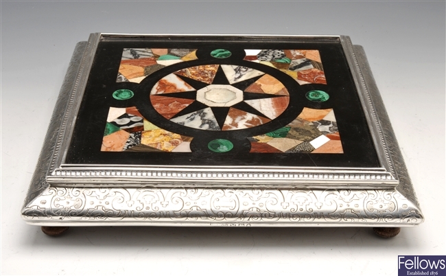 A late Victorian silver mounted pietra dura stand.