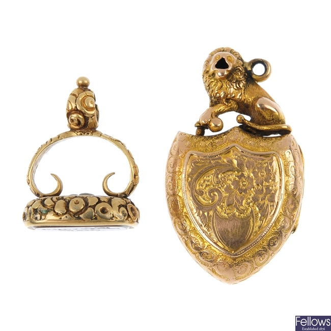 A late 19th century fob seal and a locket. 