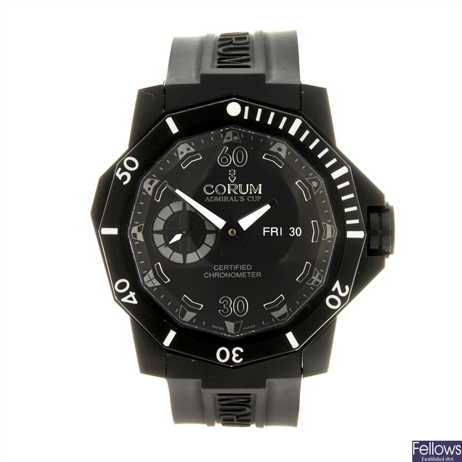 A black DLC titanium automatic gentleman's Corum Admirals Cup Deep Hull 1000 bracelet watch.