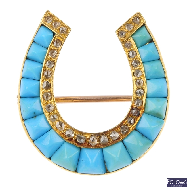 A late 19th century gold turquoise and diamond horseshoe brooch.