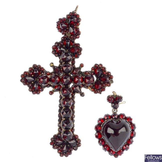 Two late 19th century garnet and red gem pendants.