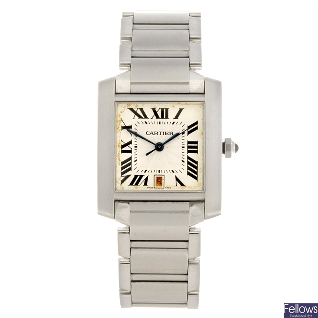 (94703) A stainless steel automatic Cartier Tank Française bracelet watch.