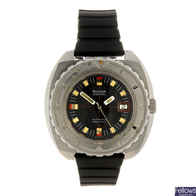 A stainless steel automatic gentleman's Bulova Snorkel wrist watch.