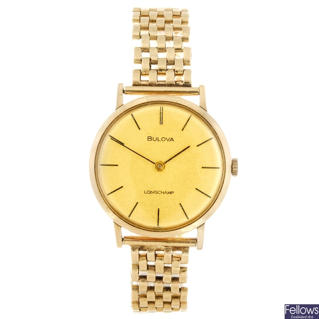 (955001224) A 9ct gold manual wind gentleman's Bulova Longchamps bracelet watch.