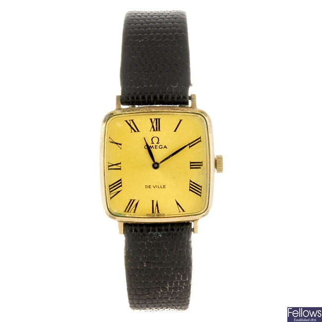 A gold plated manual wind lady's Omega De Ville wrist watch.
