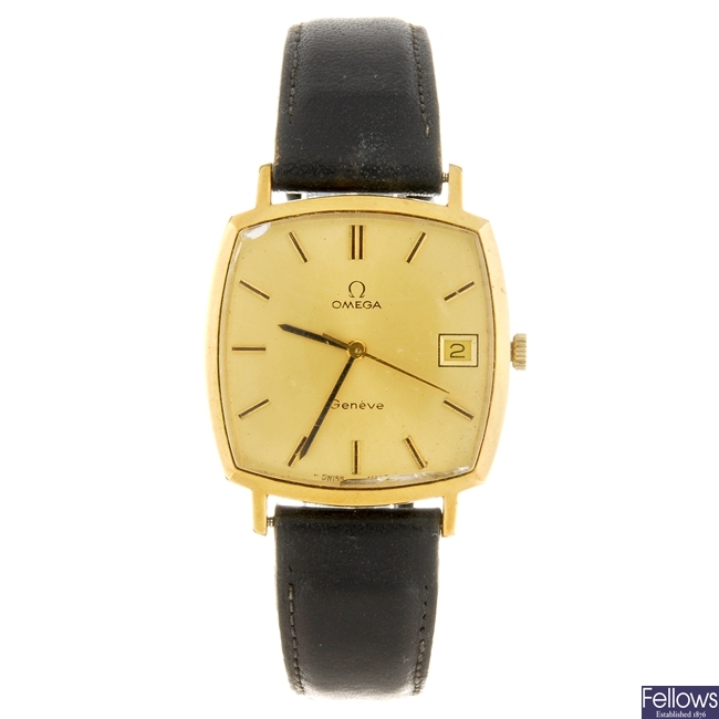 A gold plated manual wind gentleman's Omega Geneve wrist watch.