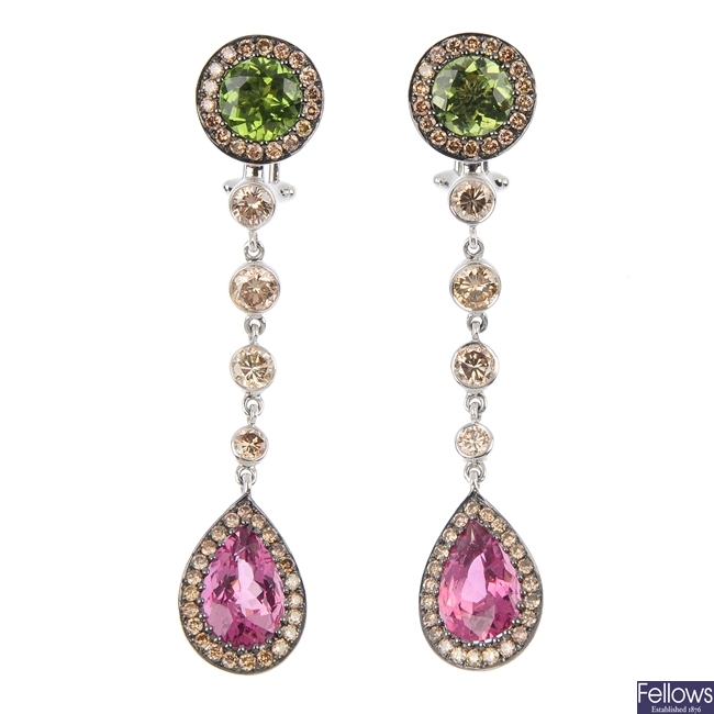 A pair of tourmaline and diamond ear pendants. 