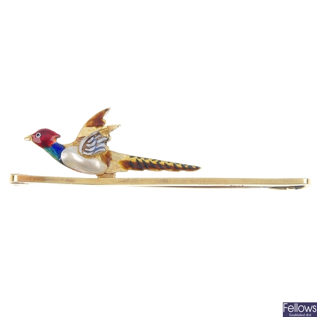 An early 20th century 15ct gold cultured pearl and enamel pheasant brooch.